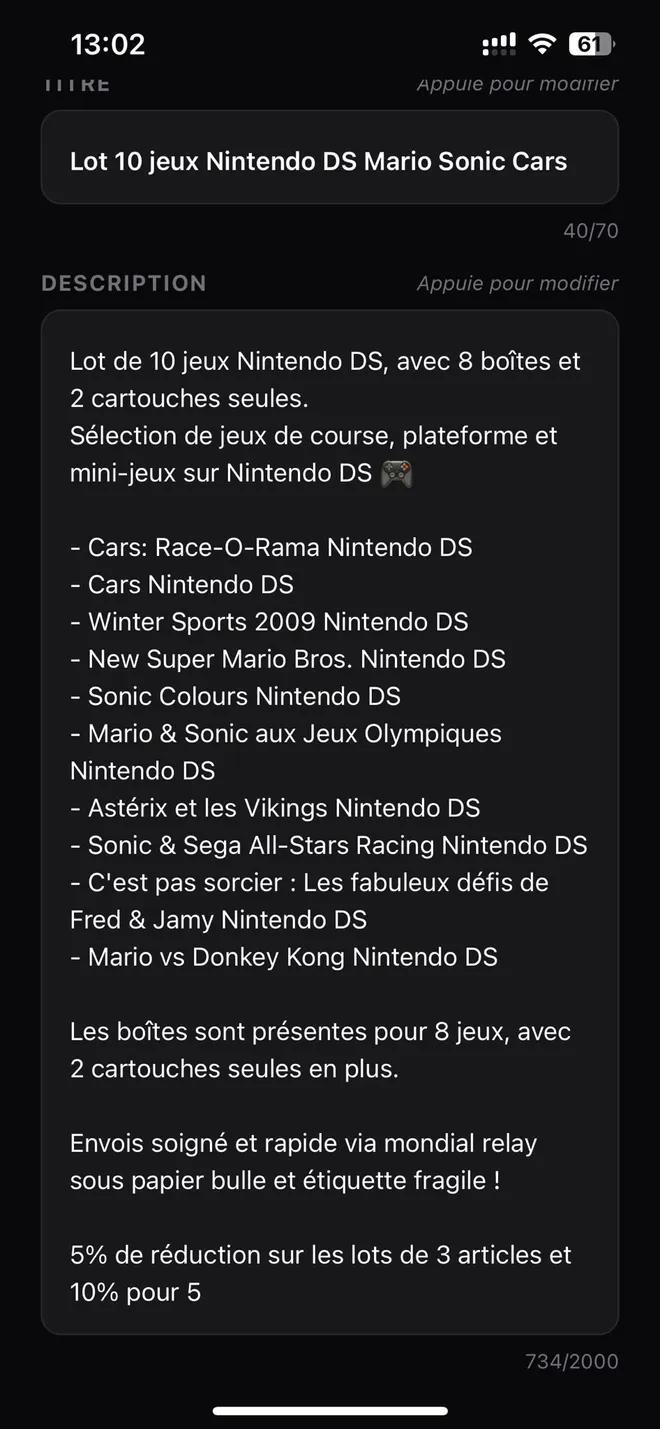 Description complète générée par l'IA dans Postfast, détaillée article par article.