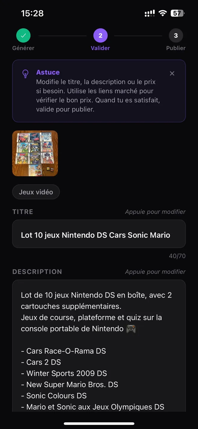 Annonce générée par l'IA dans Postfast : titre, description et prix estimé pour un lot de jeux Nintendo DS.