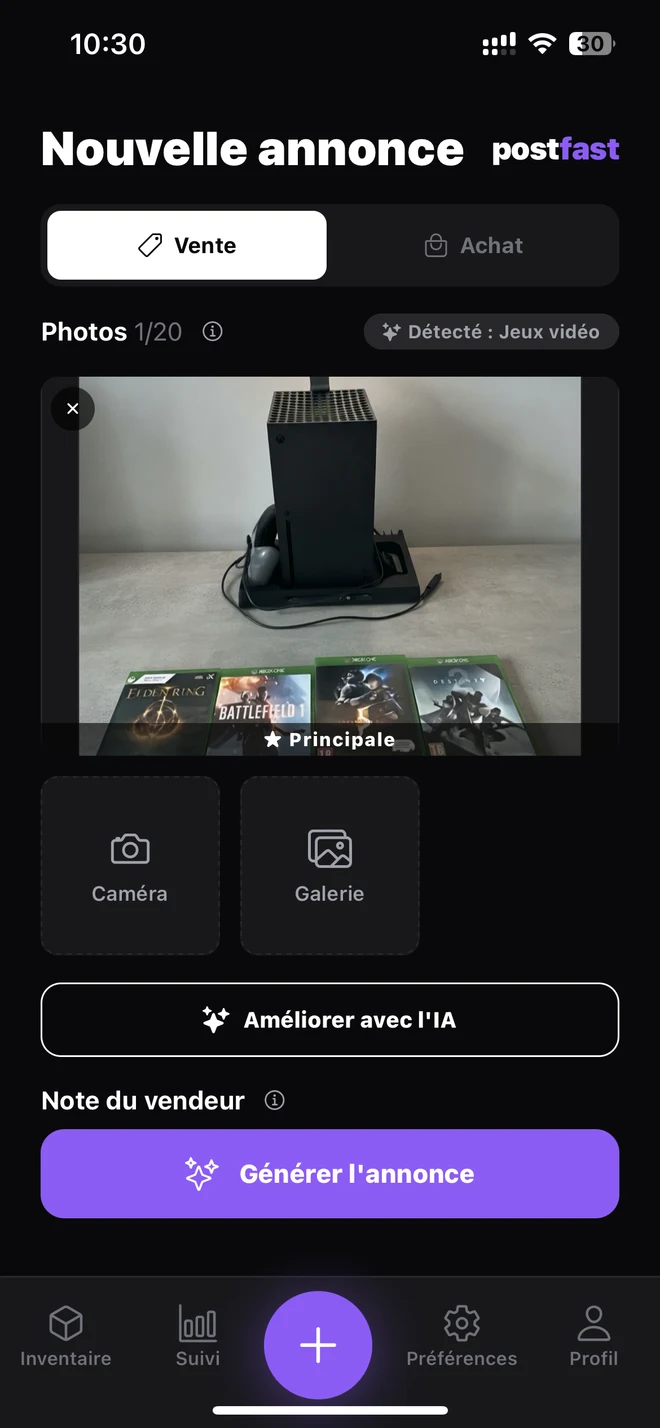 Création d’une annonce Xbox Series X à partir des photos dans Postfast.