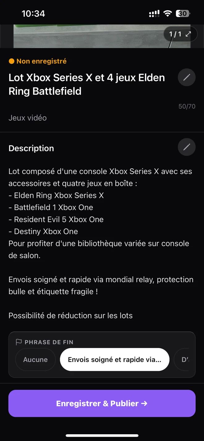 Description de l’annonce Xbox Series X à vérifier avant publication.