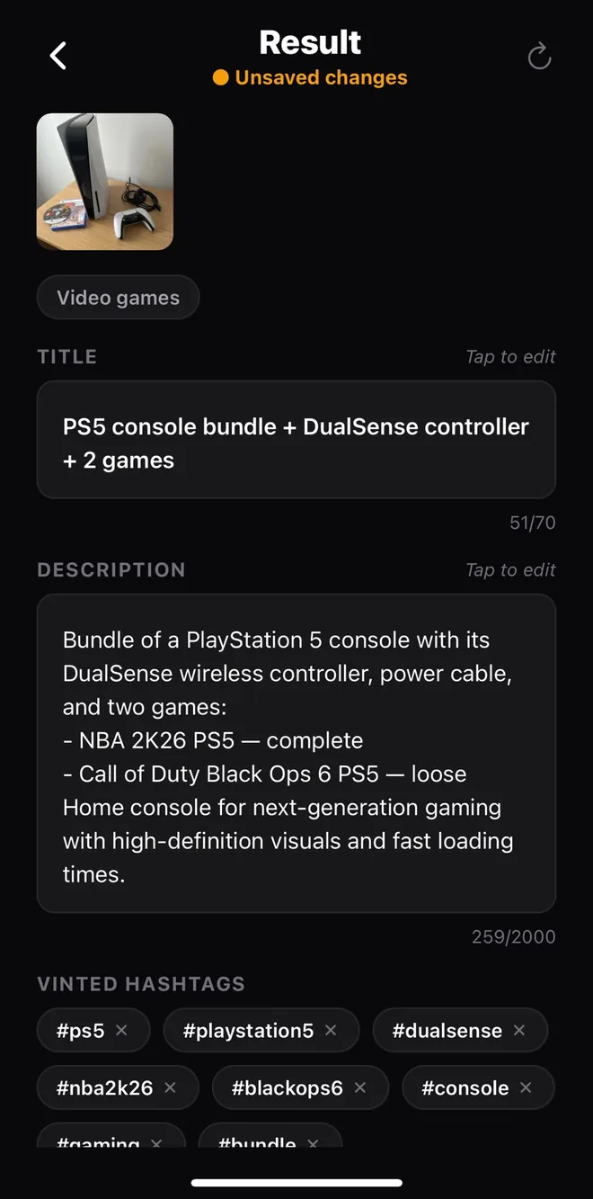 A Postfast listing for a PS5 bundle, as reviewed by the seller: title, description and Vinted hashtags.