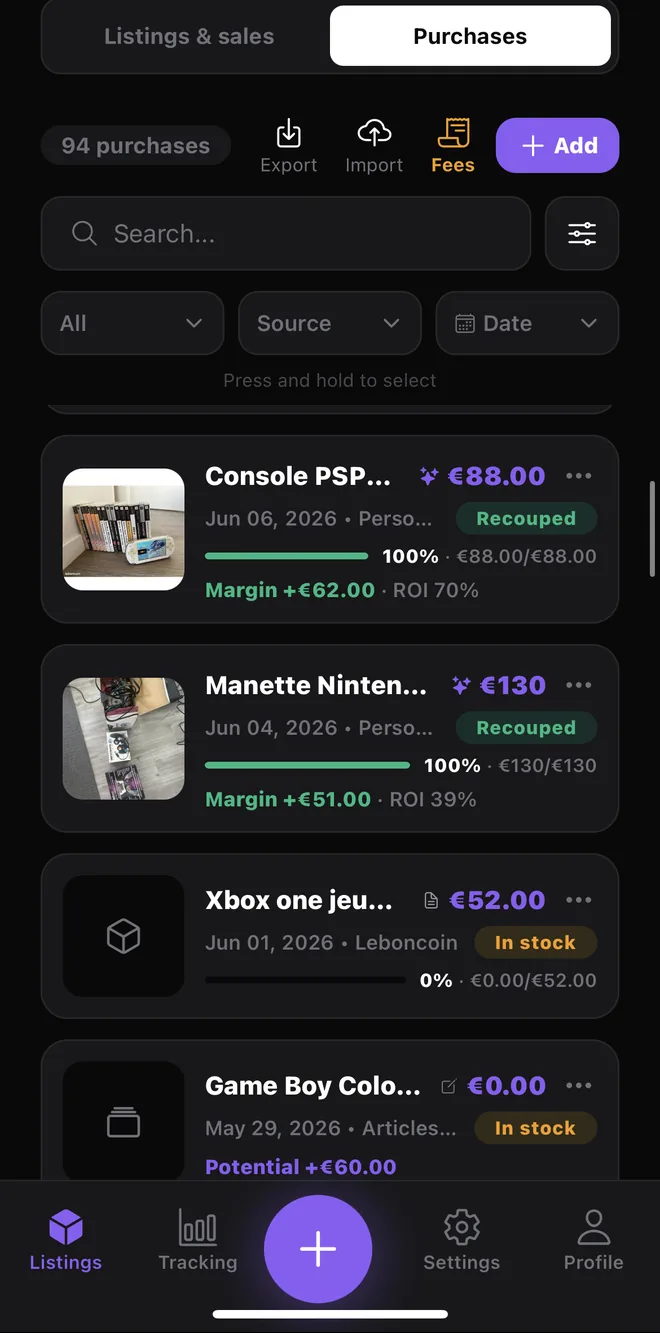 The purchase list in Postfast, with margin and ROI worked out for every lot.
