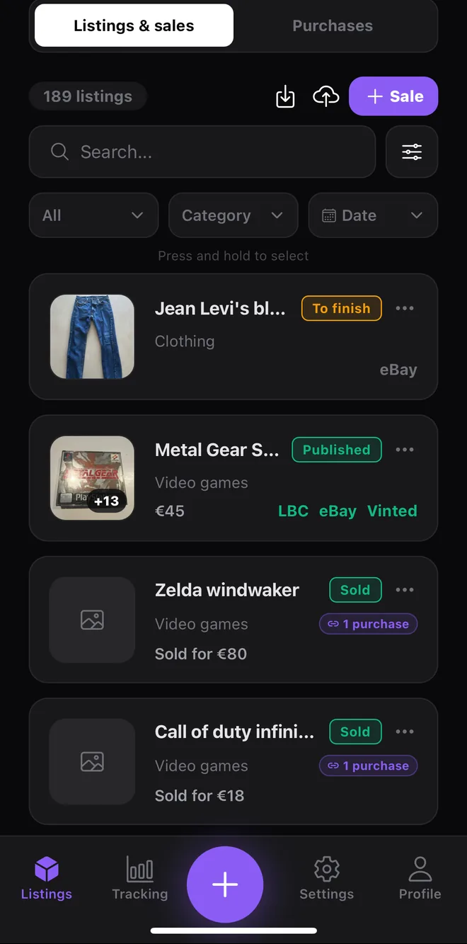 Postfast listings and sales: status, platforms, sale price and the purchase each sale is linked to.