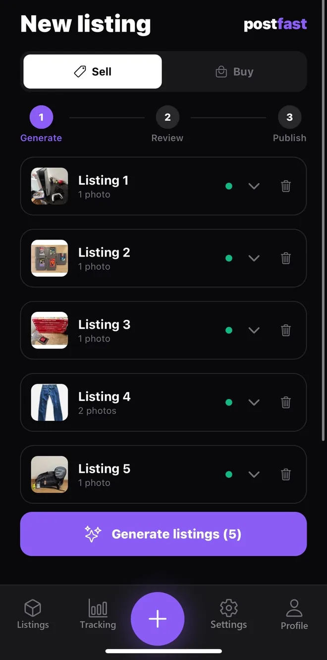 The Postfast New listing screen: five listings prepared in one batch, ready to generate.