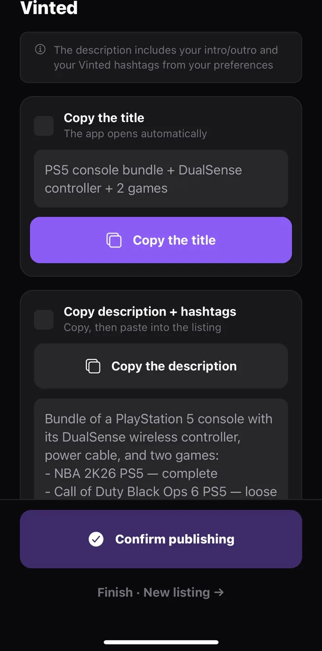 Assisted publishing to Vinted in Postfast: copy the title, then the description and hashtags.