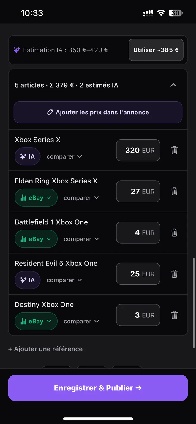 Estimation dans Postfast : lot Xbox et jeux, fourchette de 350 à 420 euros, prix par article et références IA ou eBay.
