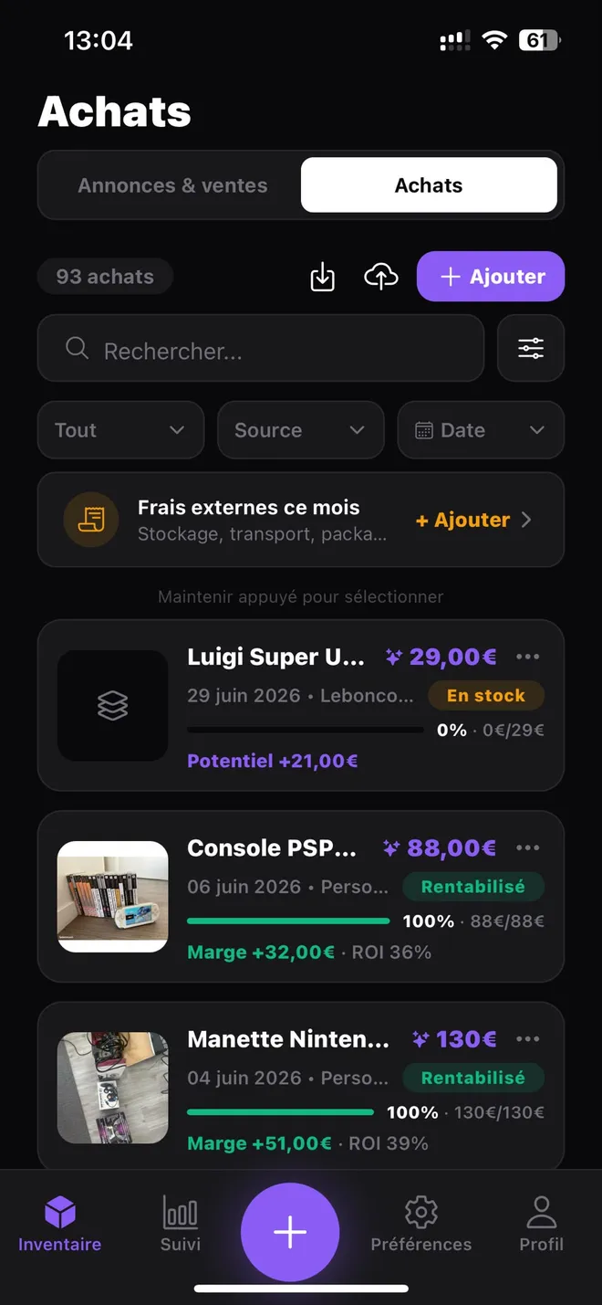 Liste des achats dans Postfast avec marge et ROI calculés pour chaque lot.