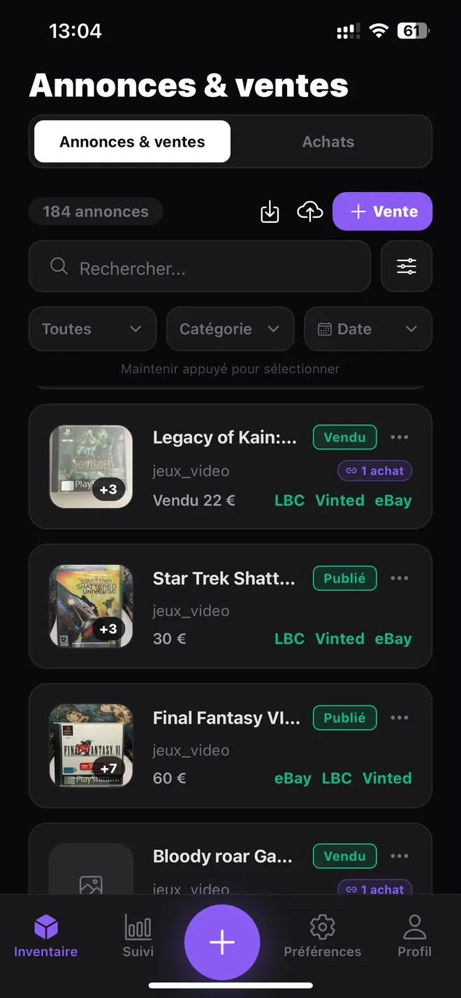 Liste des annonces et ventes Postfast : statut publié ou vendu, par plateforme.