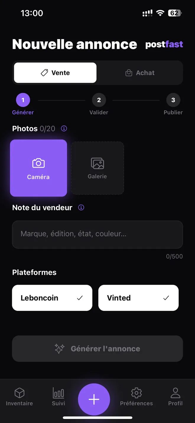Écran de création d'annonce Postfast : choix des photos et mode Vente ou Achat.