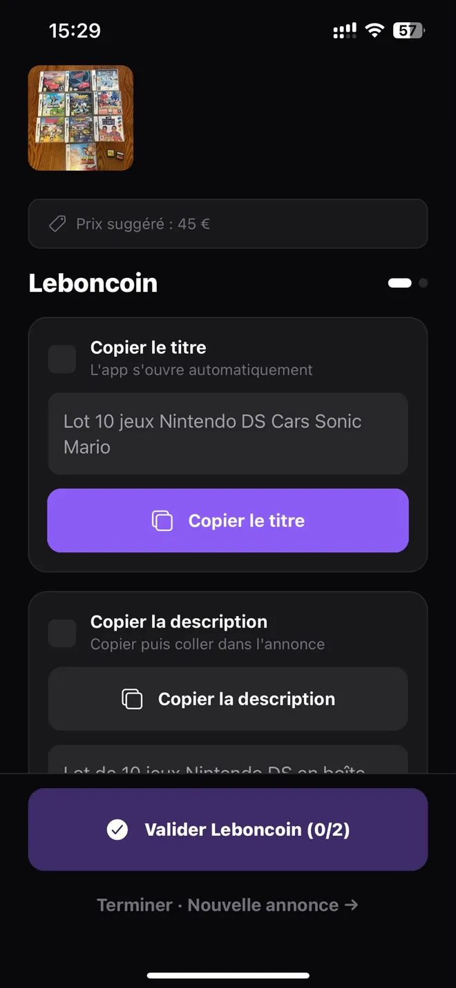 Publication assistée sur Leboncoin : copie du titre et de la description en un geste.
