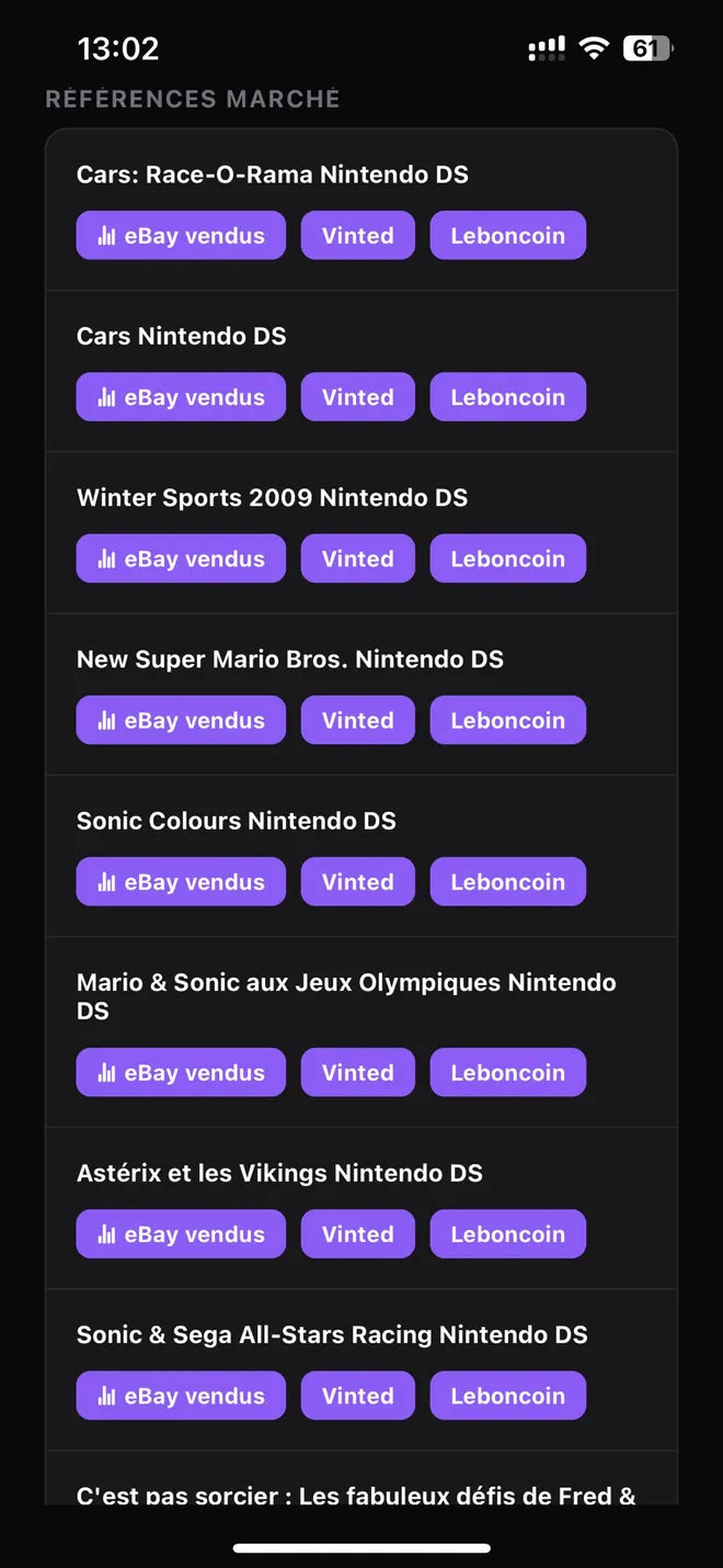 Références de prix marché dans Postfast : ventes réelles eBay, Vinted et Leboncoin.